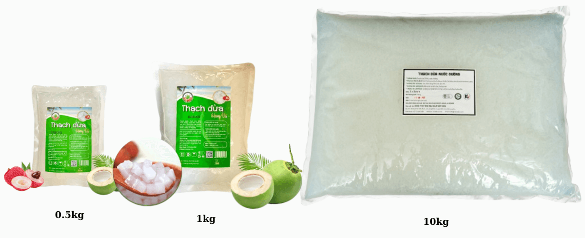 Thạch dừa đóng gói túi 1kg-10kg.